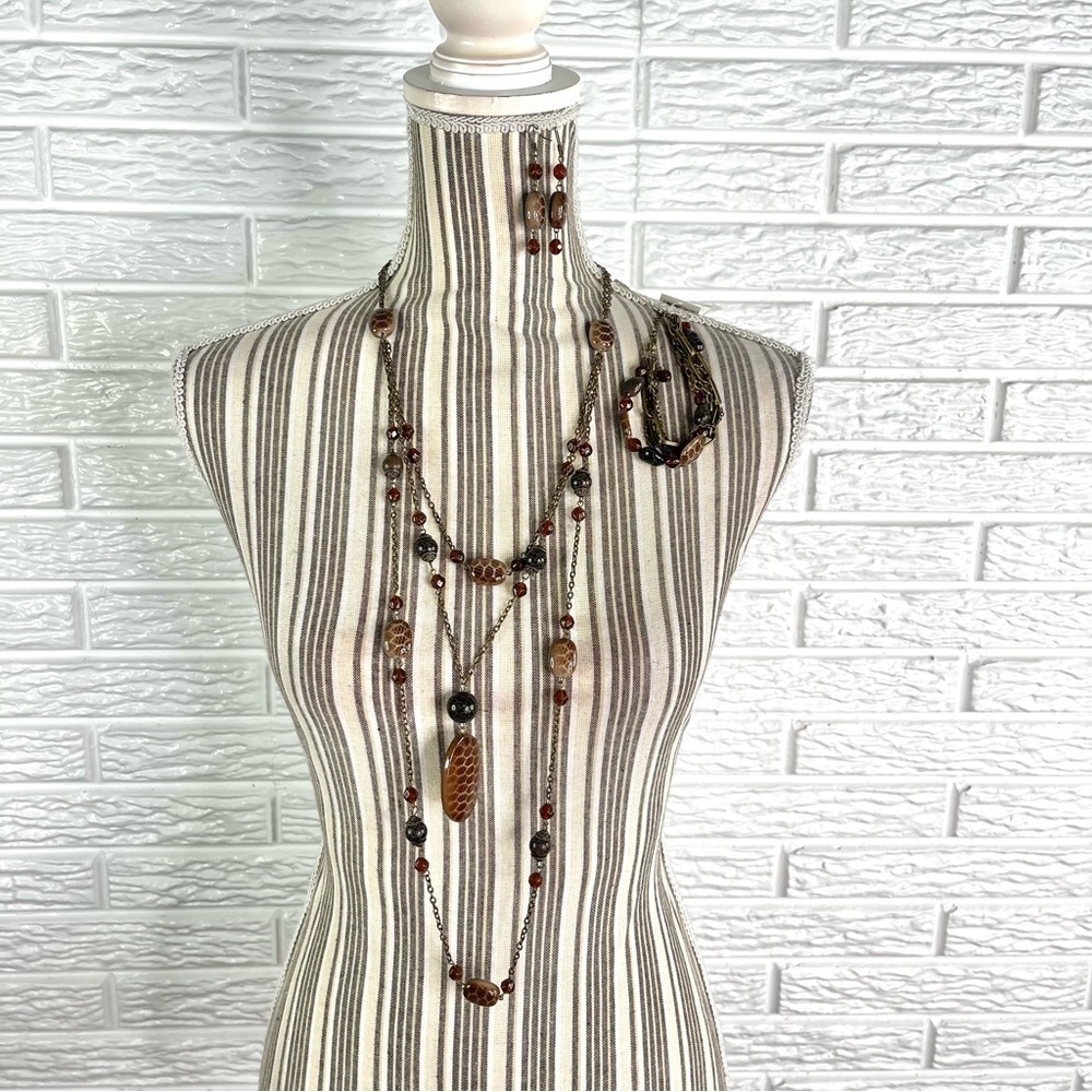 Trezo Multi-chain Beaded Statement Necklace with Matching Earrings and Bracelet